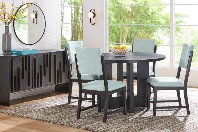 Rosolli Black 5 Pc Round Dining Room with Blue Upholstered Chairs - Thumbnail - Image 1