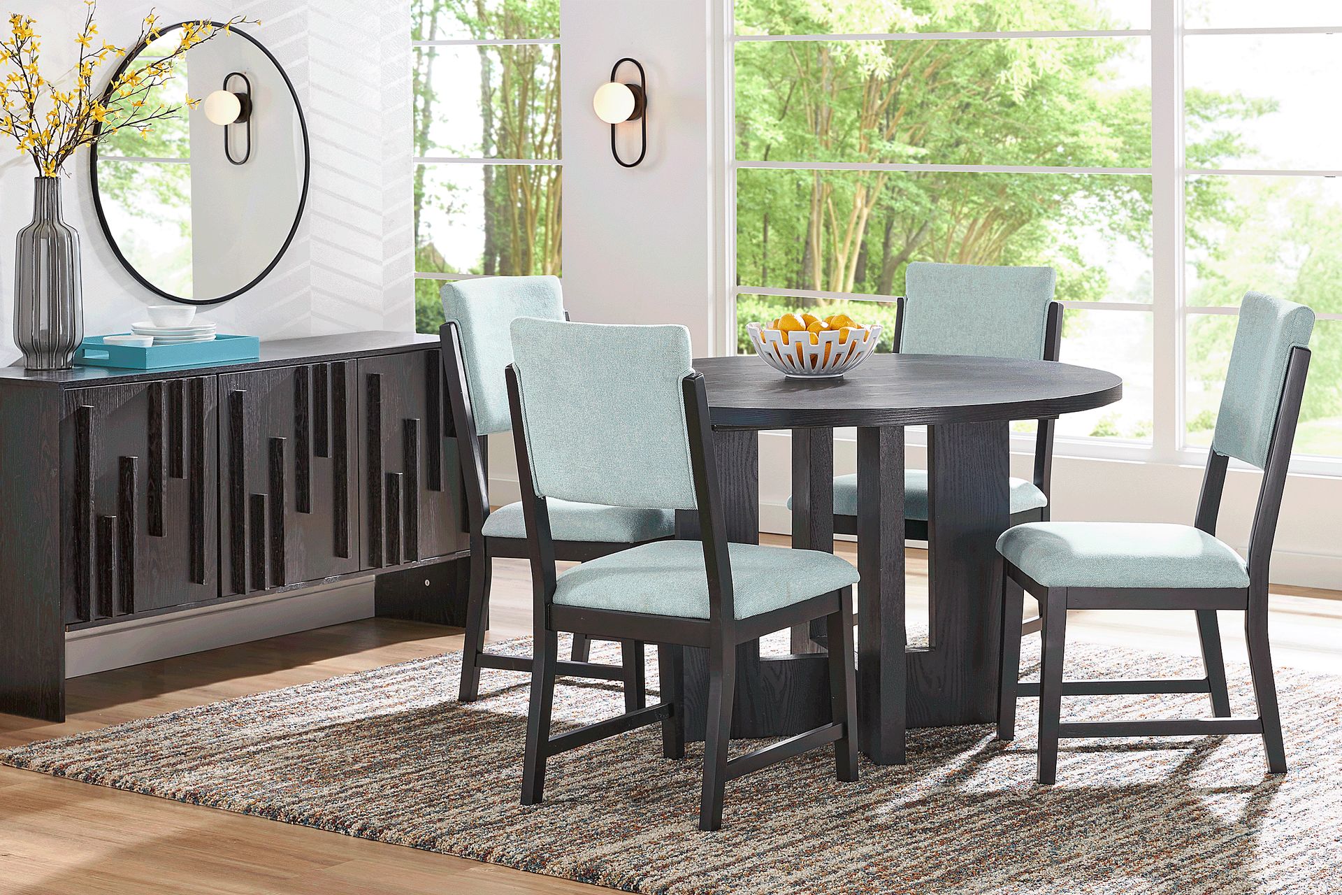 Rosolli Black 5 Pc Round Dining Room with Blue Upholstered Chairs - Image 1