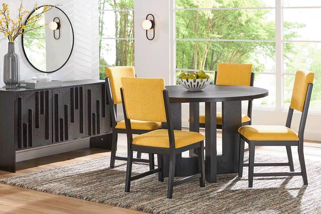 Rosolli Black 5 Pc Round Dining Room with Maize Upholstered Chairs - Thumbnail - Image 1