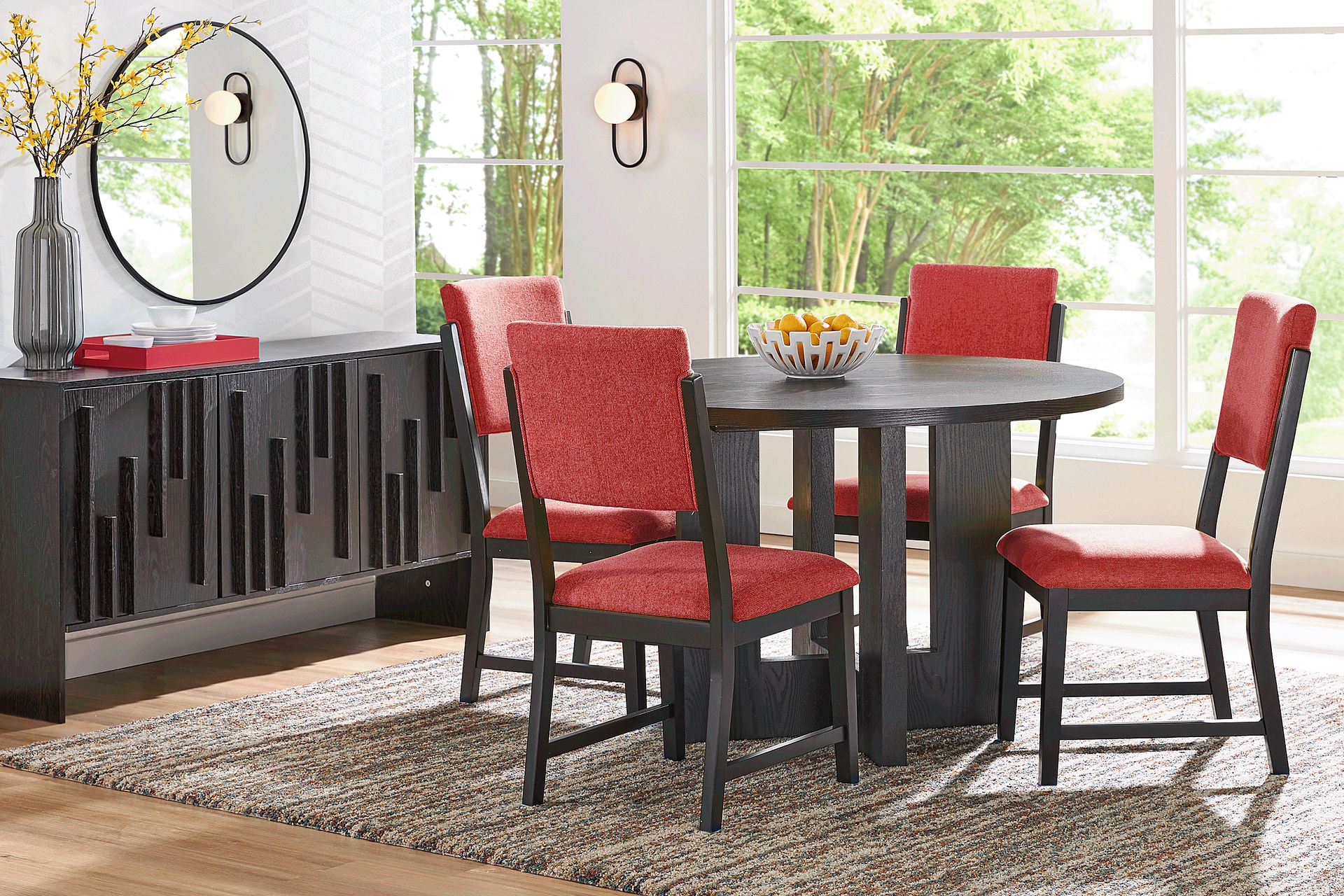 Rosolli Black 5 Pc Round Dining Room with Red Upholstered Chairs - Image 1