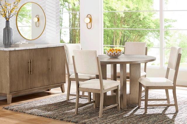 Rosolli Gray 5 Pc Round Dining Room with Beige Upholstered Chairs - Thumbnail - Image 1