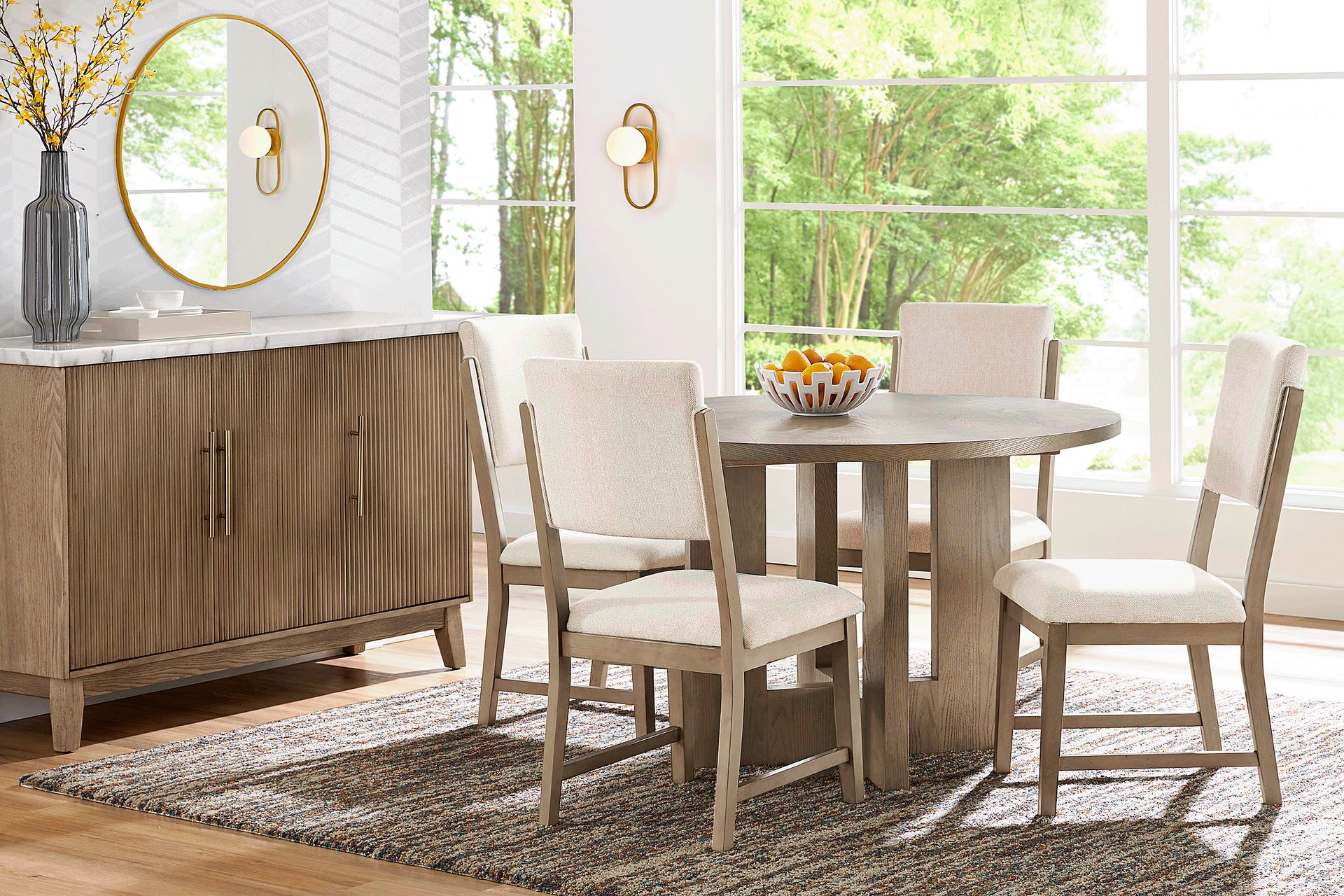 Rosolli Gray 5 Pc Round Dining Room with Beige Upholstered Chairs - Image 1