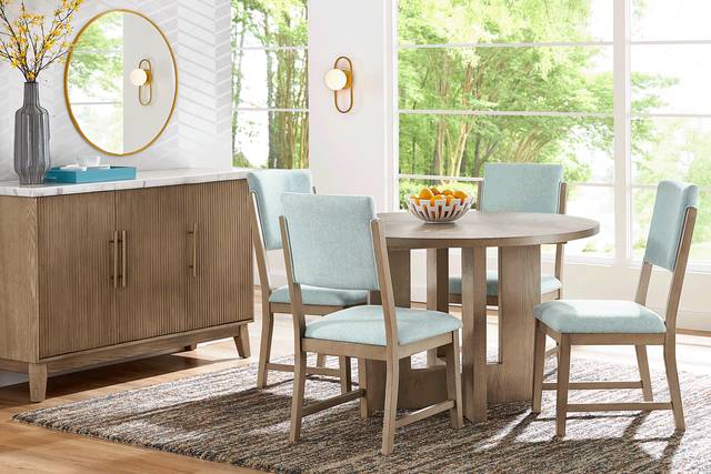 Rosolli Gray 5 Pc Round Dining Room with Blue Upholstered Chairs - Thumbnail - Image 1