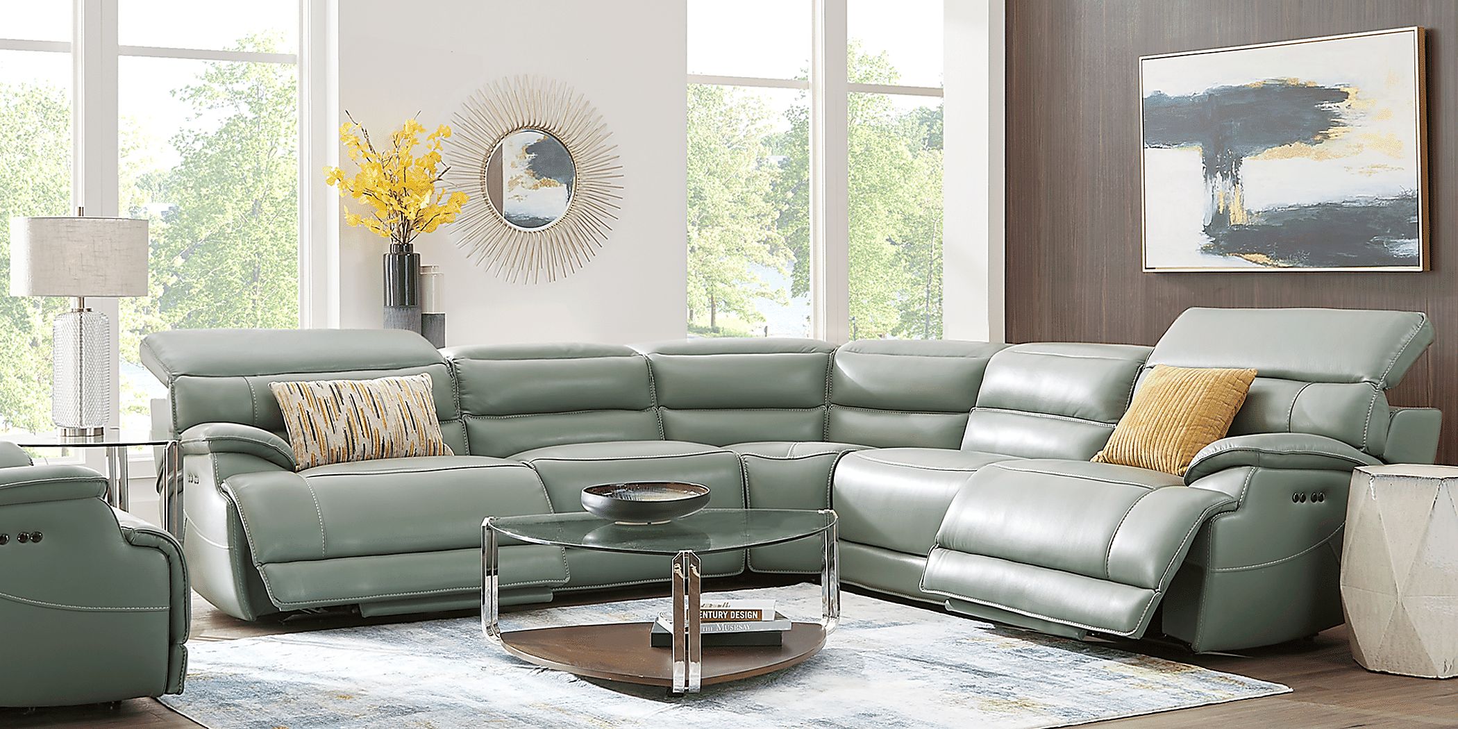 Green leather 2024 sectional couch