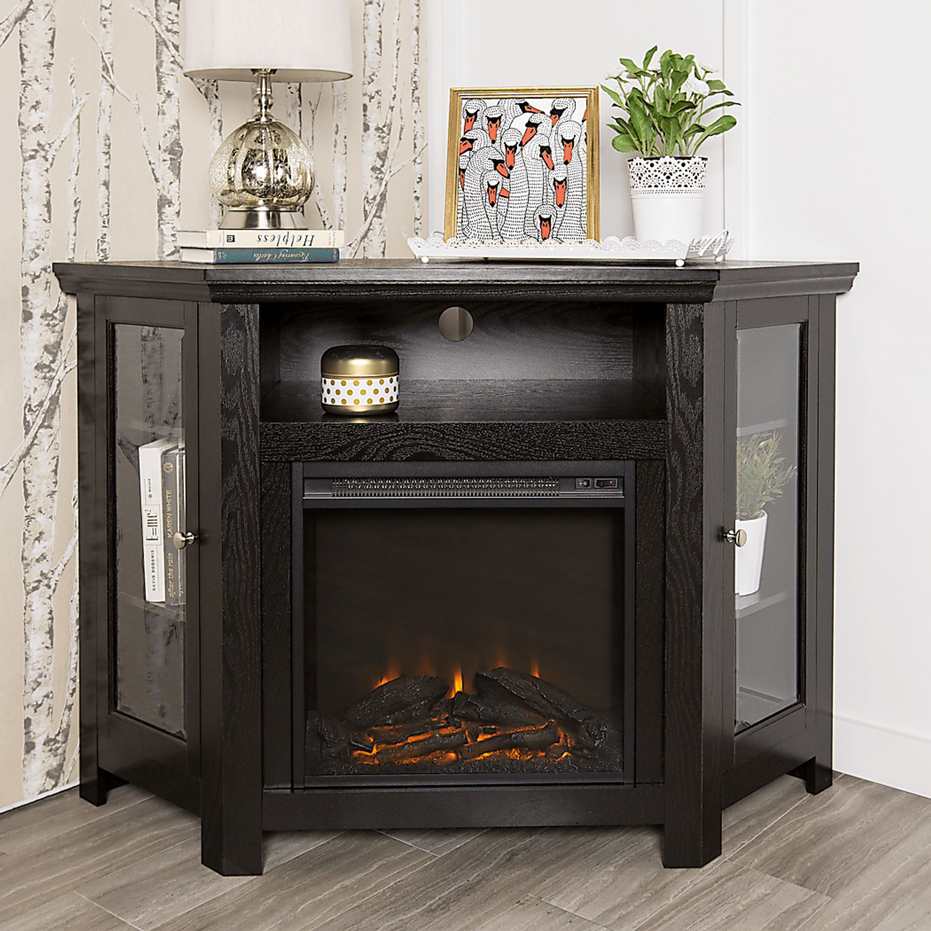 Russell Black 48 in. Corner Console with Electric Fireplace - Image 3
