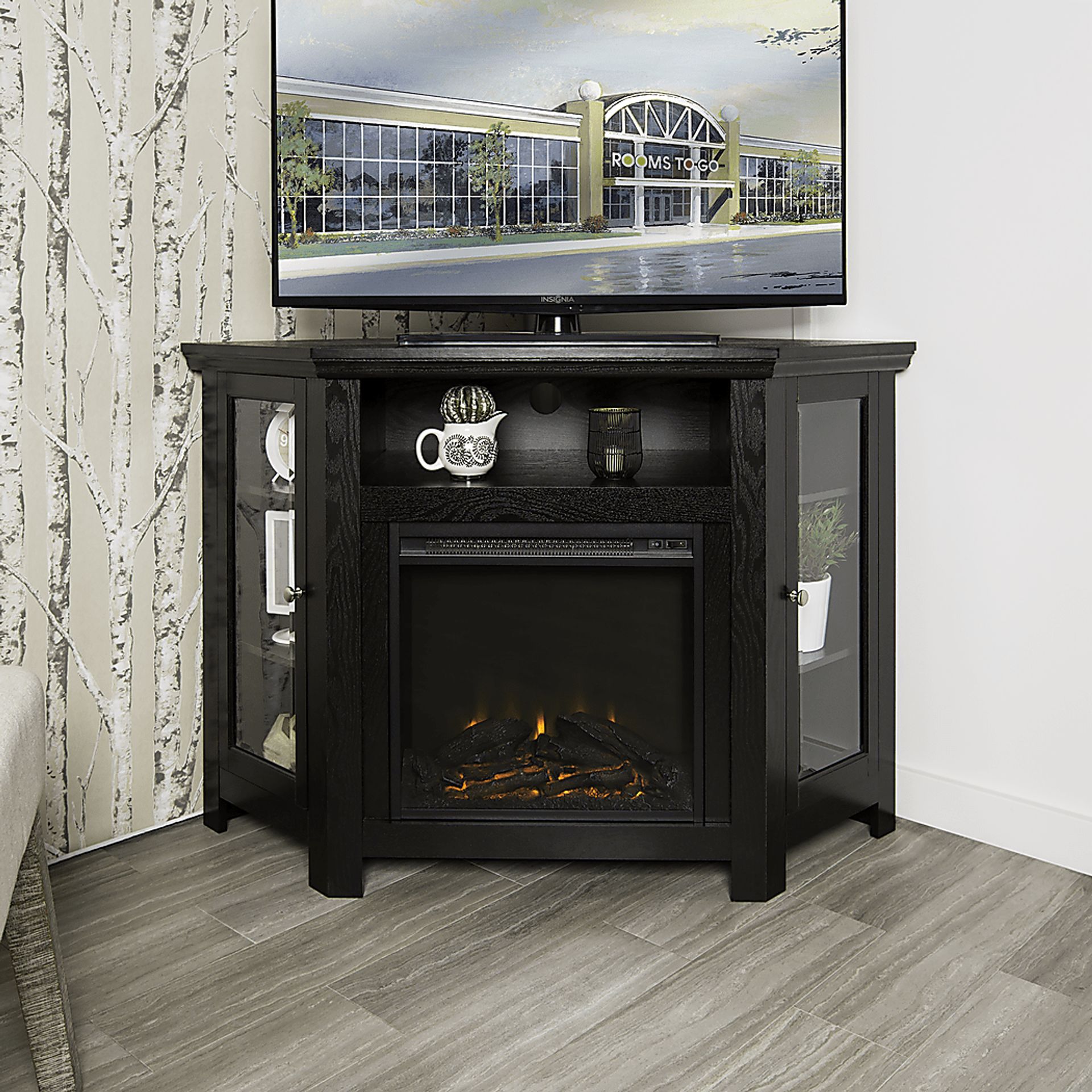 Russell Black 48 in. Corner Console with Electric Fireplace - Image 6