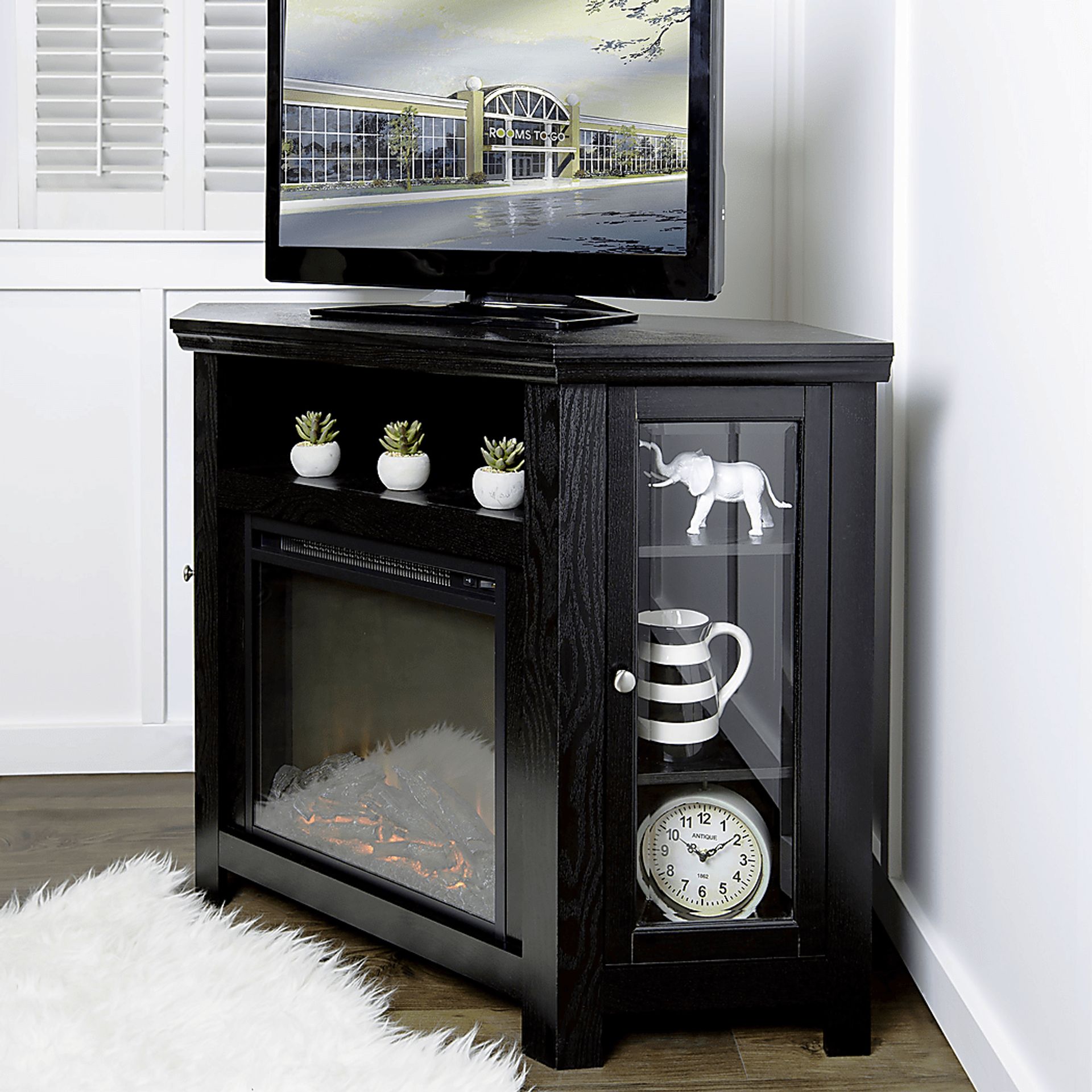 Russell Black 48 in. Corner Console with Electric Fireplace - Image 5