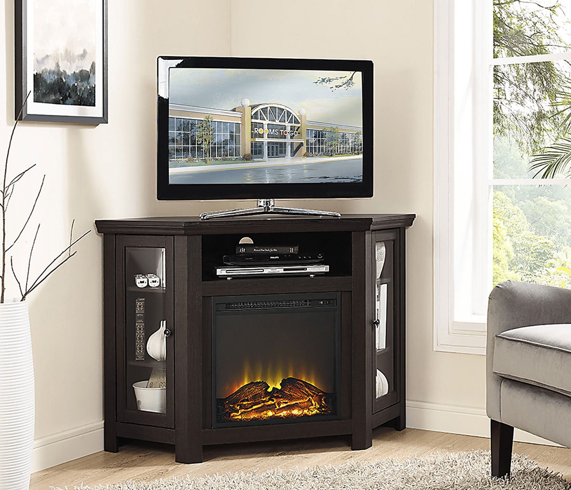 Russell Espresso 48 in. Corner Console with Electric Fireplace - Image 3