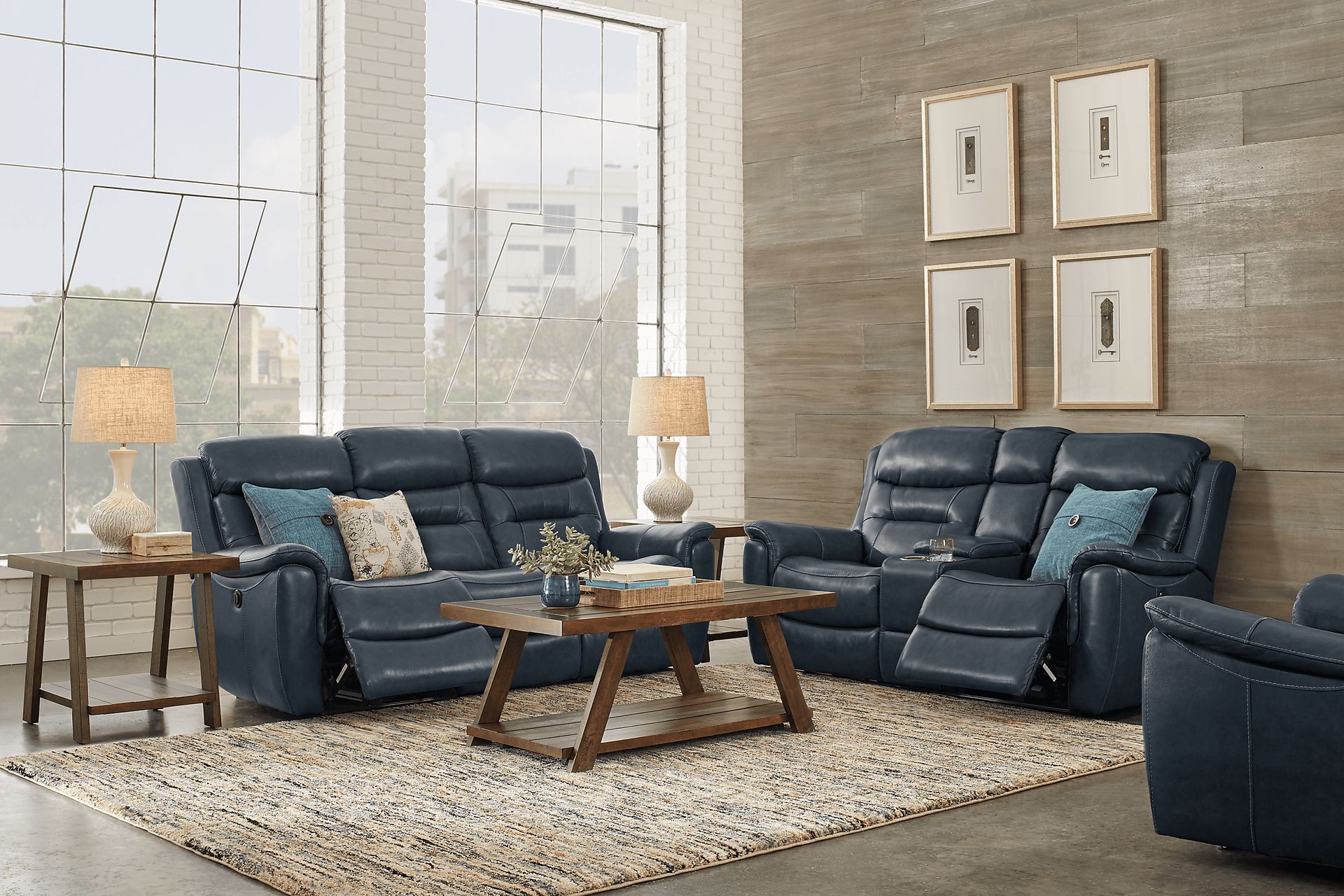 Sabella Navy Leather 7 Pc Reclining Living Room - Image 1