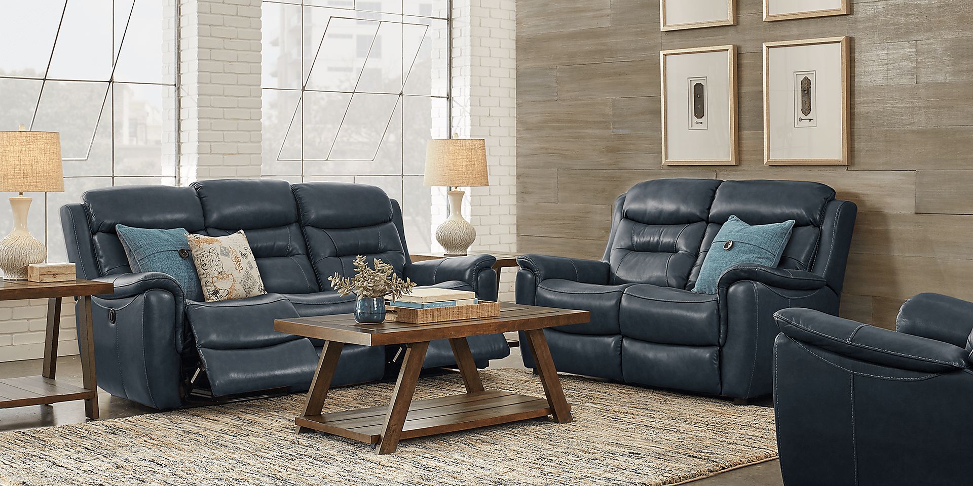 Sabella Navy Leather 3 Pc Living Room with Reclining Sofa - Image 1