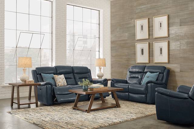 Sabella Navy Leather 5 Pc Living Room with Reclining Sofa - Thumbnail - Image 1