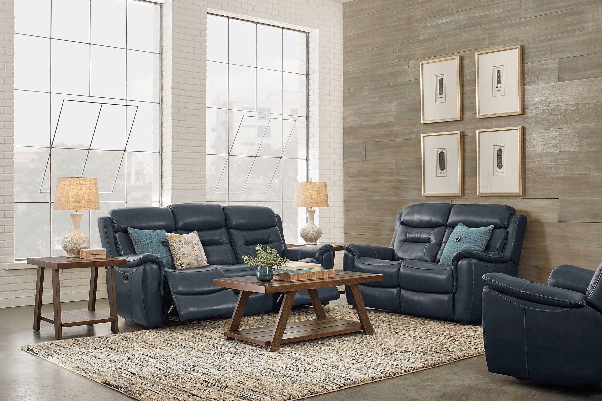 Sabella Navy Leather 5 Pc Living Room with Reclining Sofa - Image 1