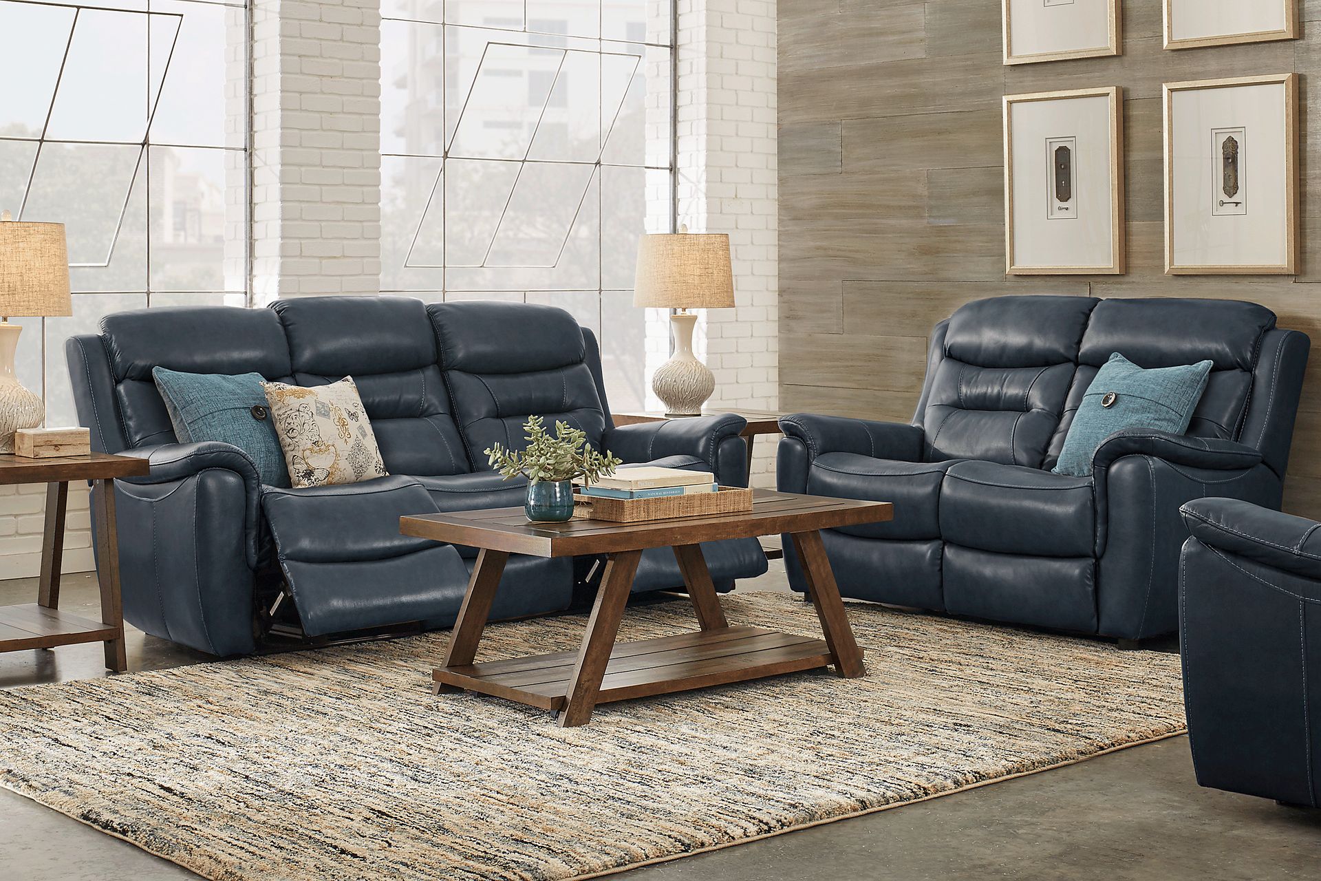 Sabella 5 Pc Navy Blue Leather Non Power Reclining Living Room Set With Reclining Sofa Stationary Loveseat 3 Pc Table Set Rooms to Go