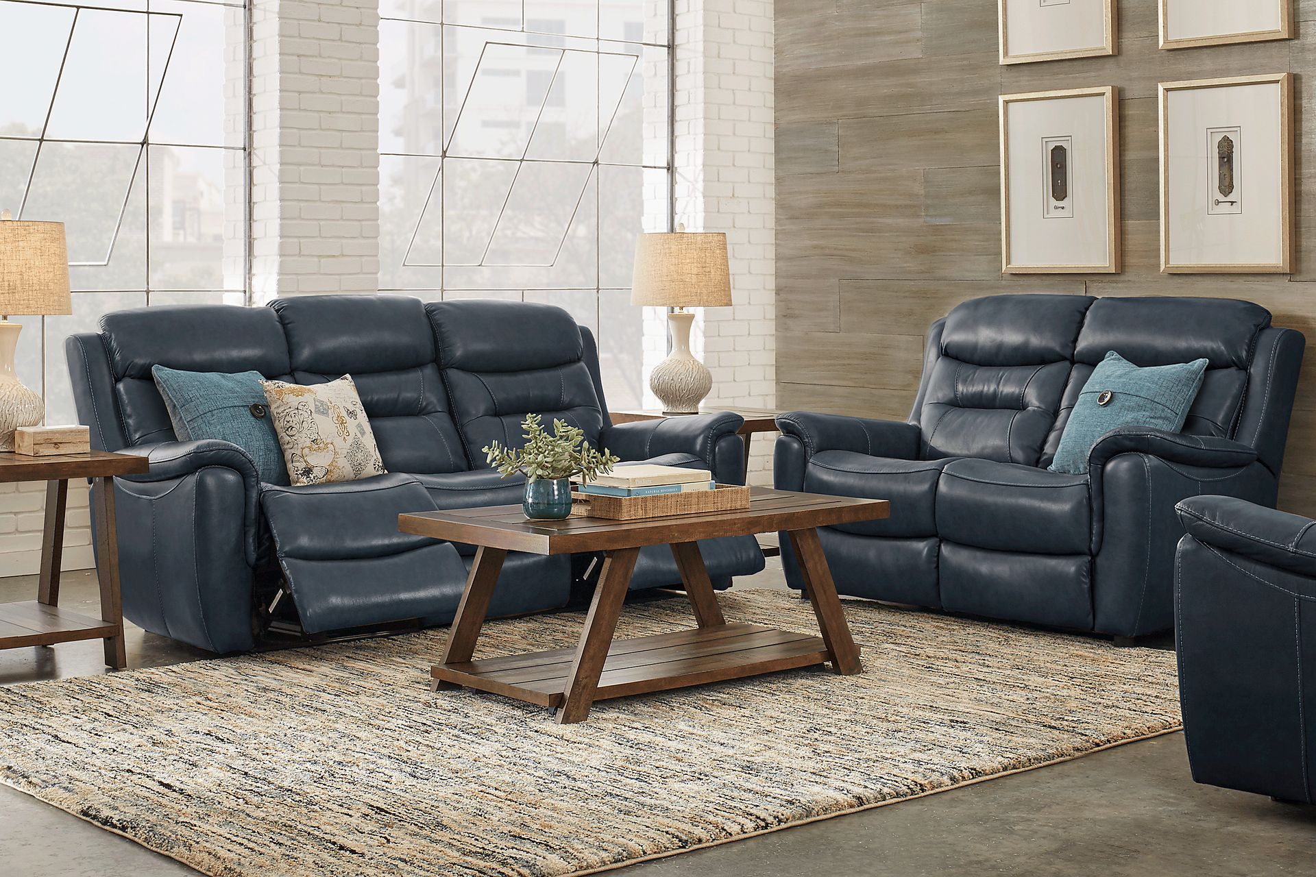 Sabella Navy Leather 6 Pc Living Room with Reclining Sofa - Image 1