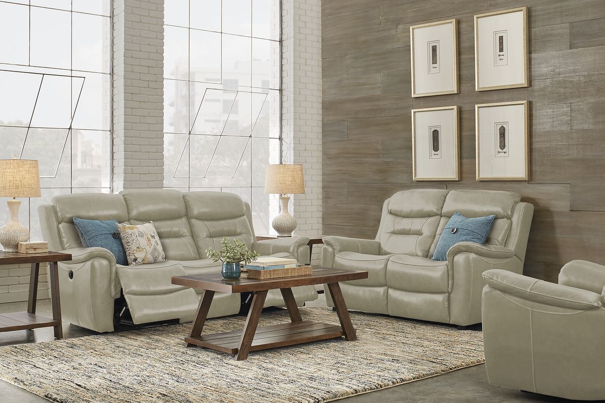 Sabella 3 Pc Stone Beige Leather Living Room Set With Reclining Sofa ...