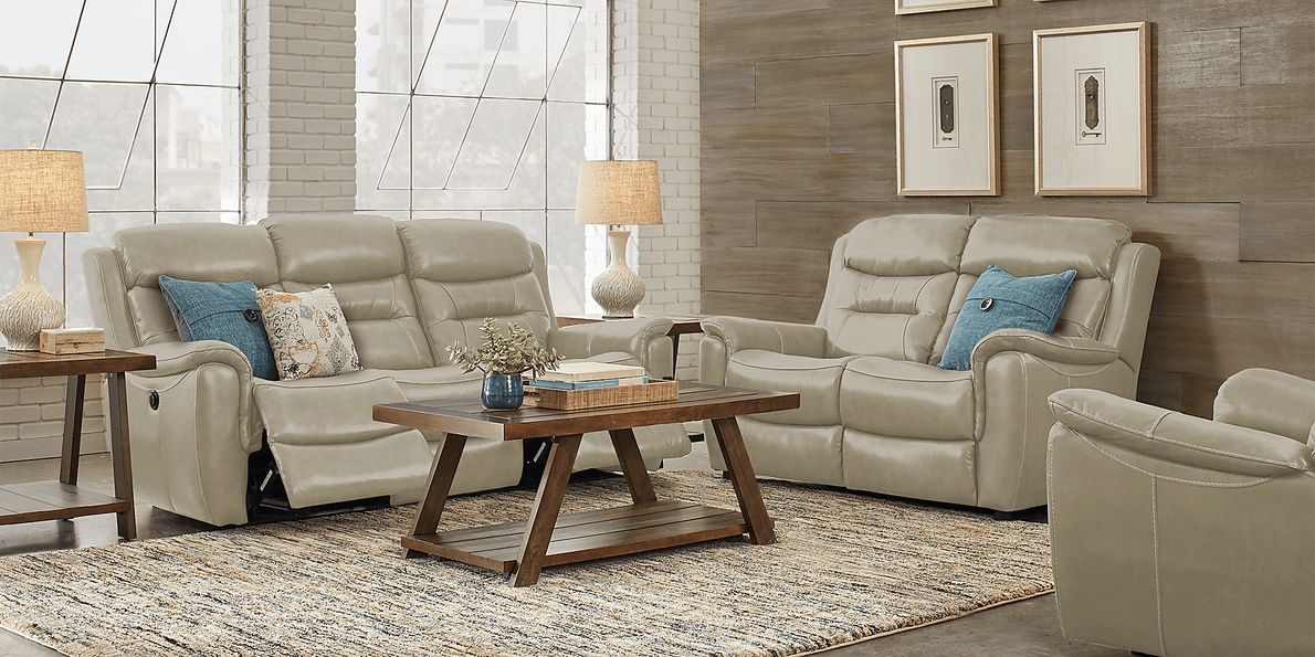 Sabella 3 Pc Stone Beige Leather Living Room Set With Reclining Sofa ...