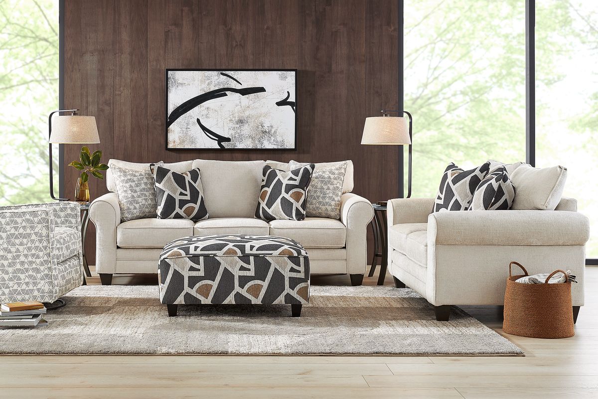 Salgado 7 Pc Beige Chenille Fabric Living Room Set With Sofa, Loveseat ...