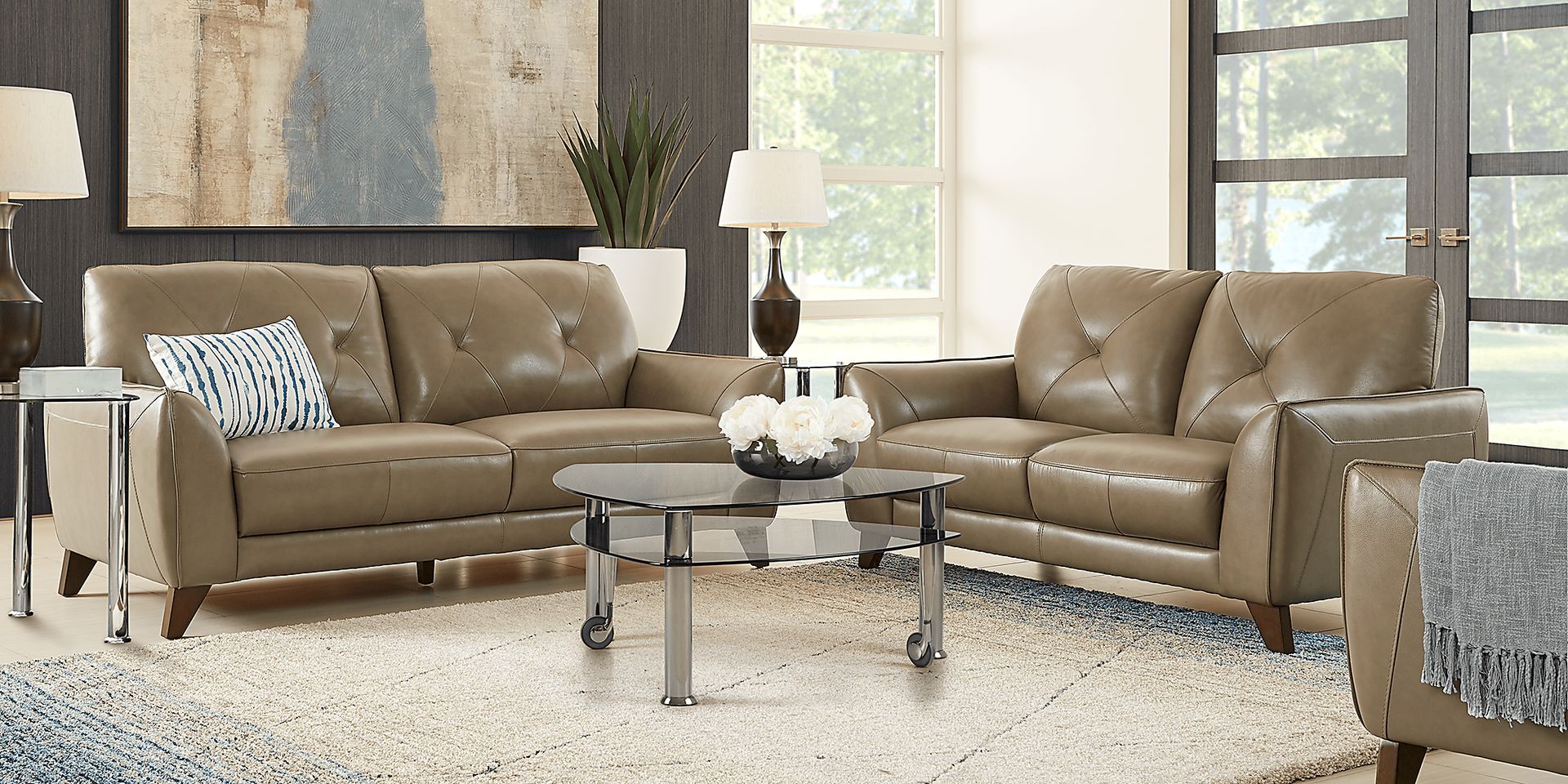 Salviano Beige Leather 3 Pc Living Room - Image 1