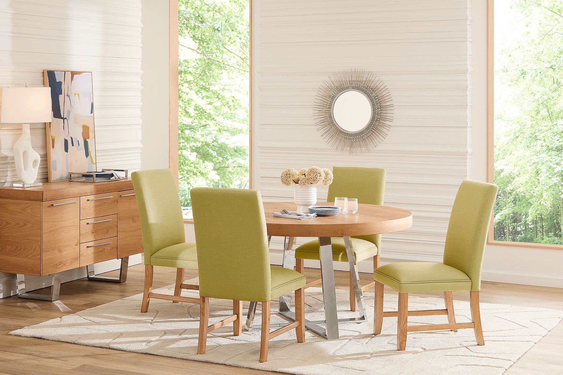 San Francisco Natural 5 Pc Round Dining Room with Green Upholstered Chairs - Image 1