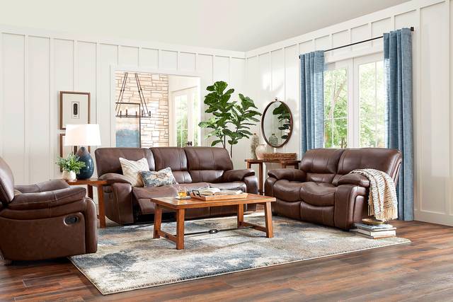 San Gabriel Brown Leather 7 Pc Living Room with Reclining Sofa - Thumbnail - Image 1