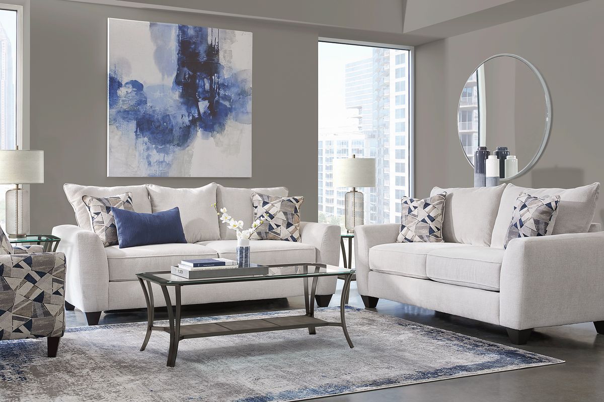 Sandia Heights 7 Pc Beige Polyester Fabric Living Room Set With Sofa ...