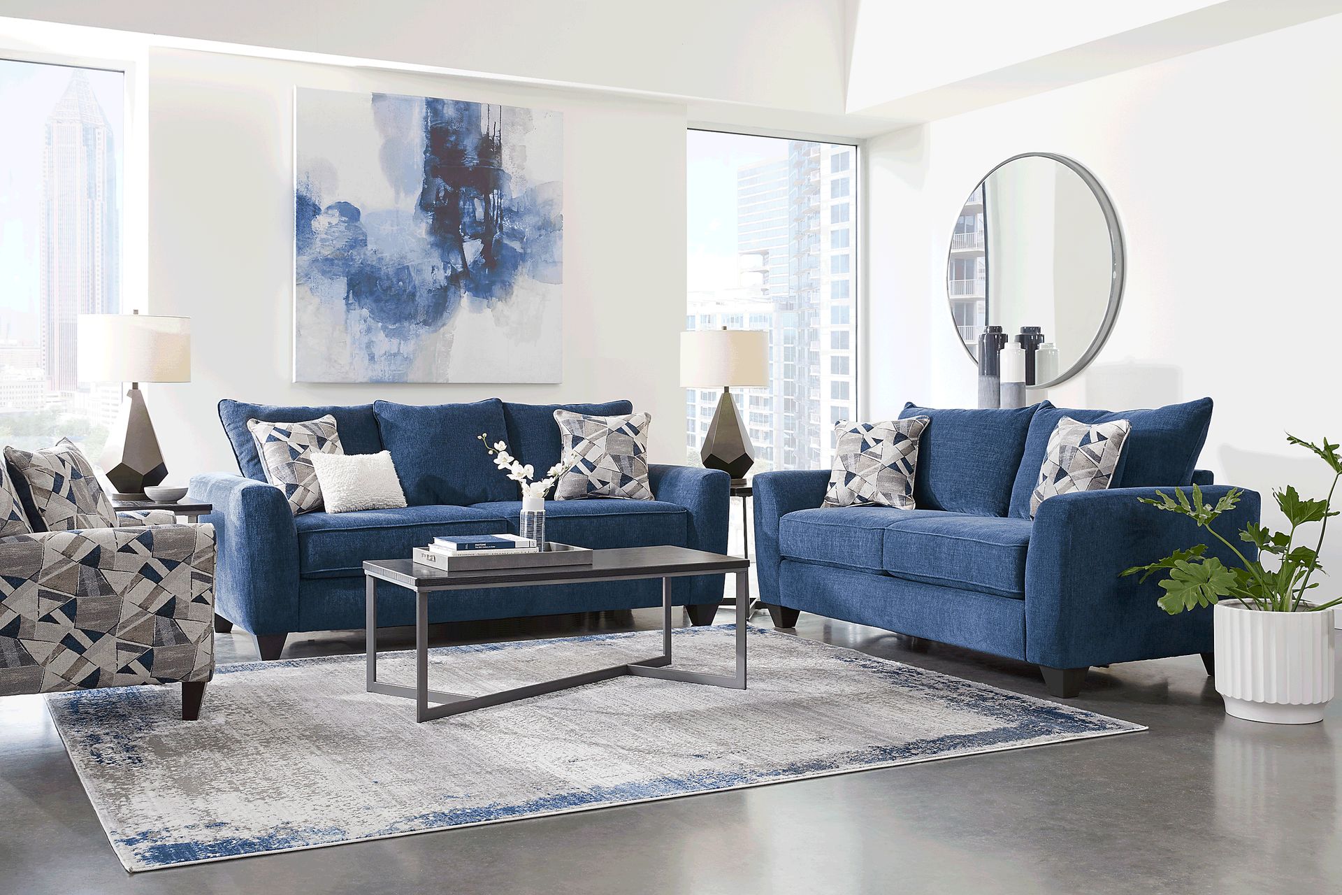 Sandia Heights 5 Pc Blue Chenille Fabric Living Room Set With Sofa ...
