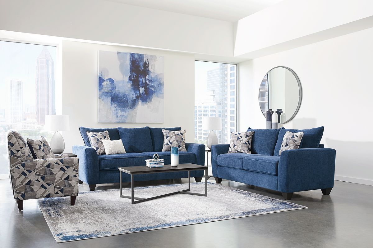 Sandia Heights 5 Pc Blue Chenille Fabric Living Room Set With Sofa ...