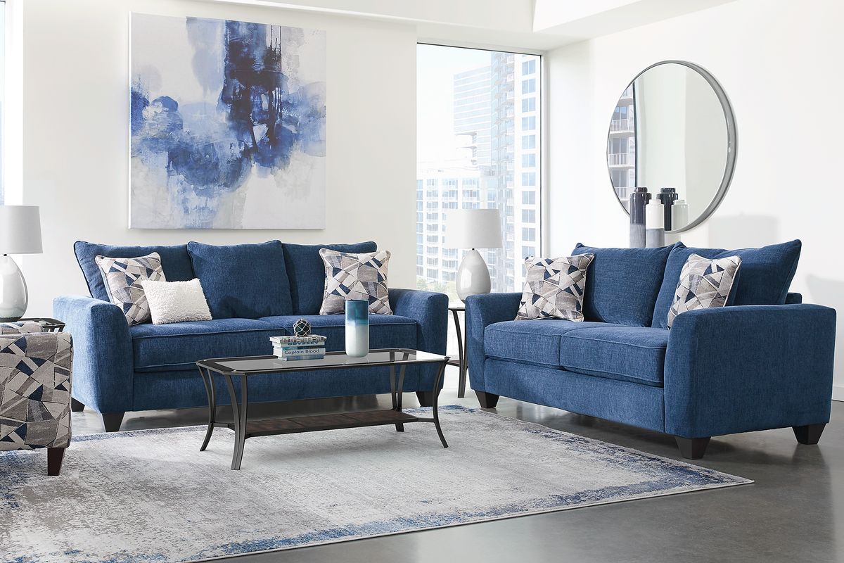 Sandia Heights 8 Pc Blue Chenille Fabric Living Room Set With Sofa ...