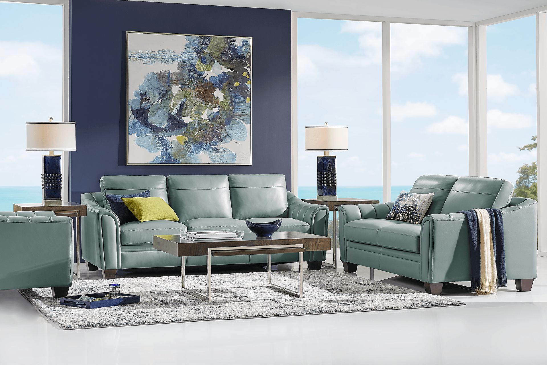 Santa Croce 3 Pc Mint Leather Living Room - Image 1