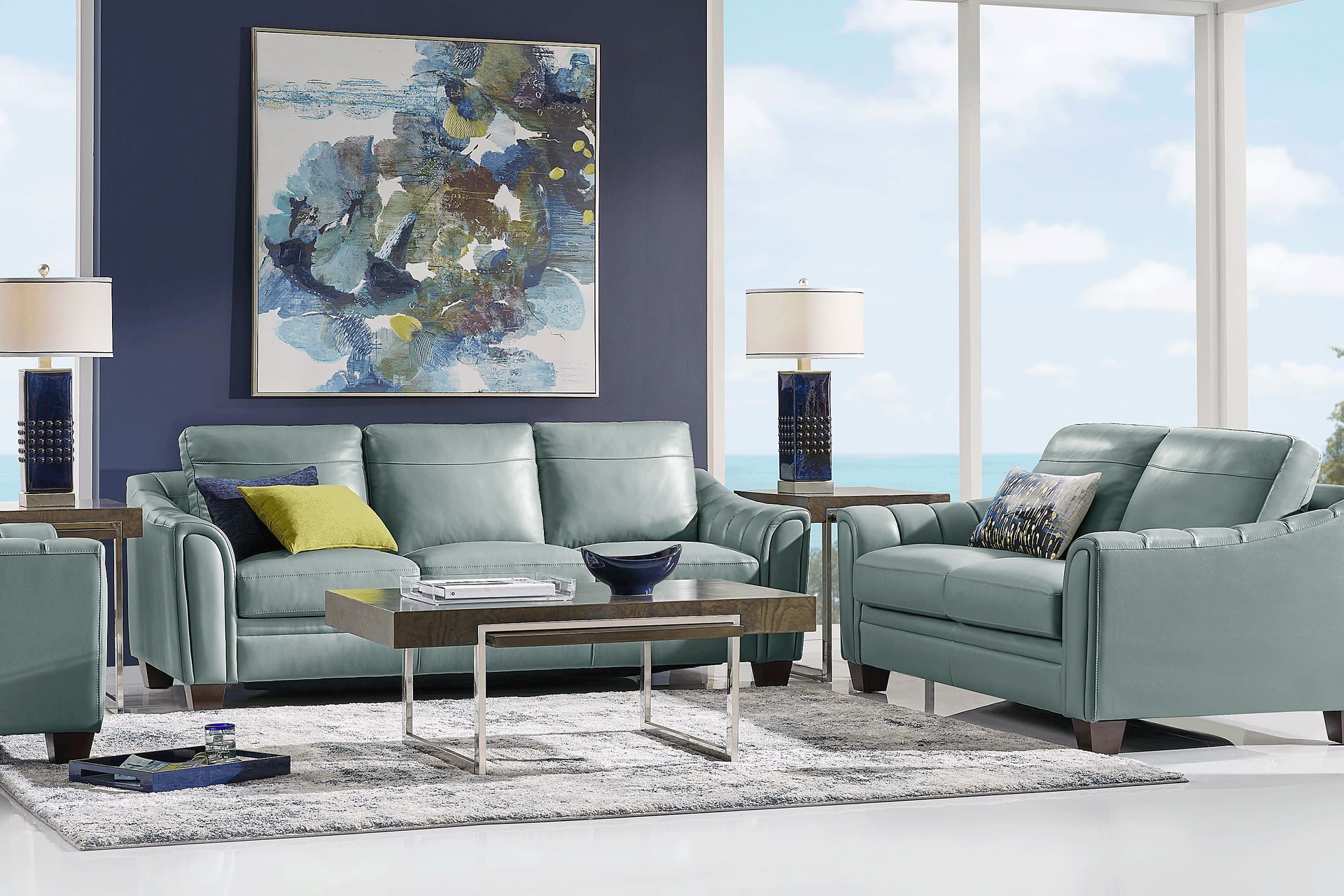Santa Croce Mint Leather 7 Pc Living Room - Image 1