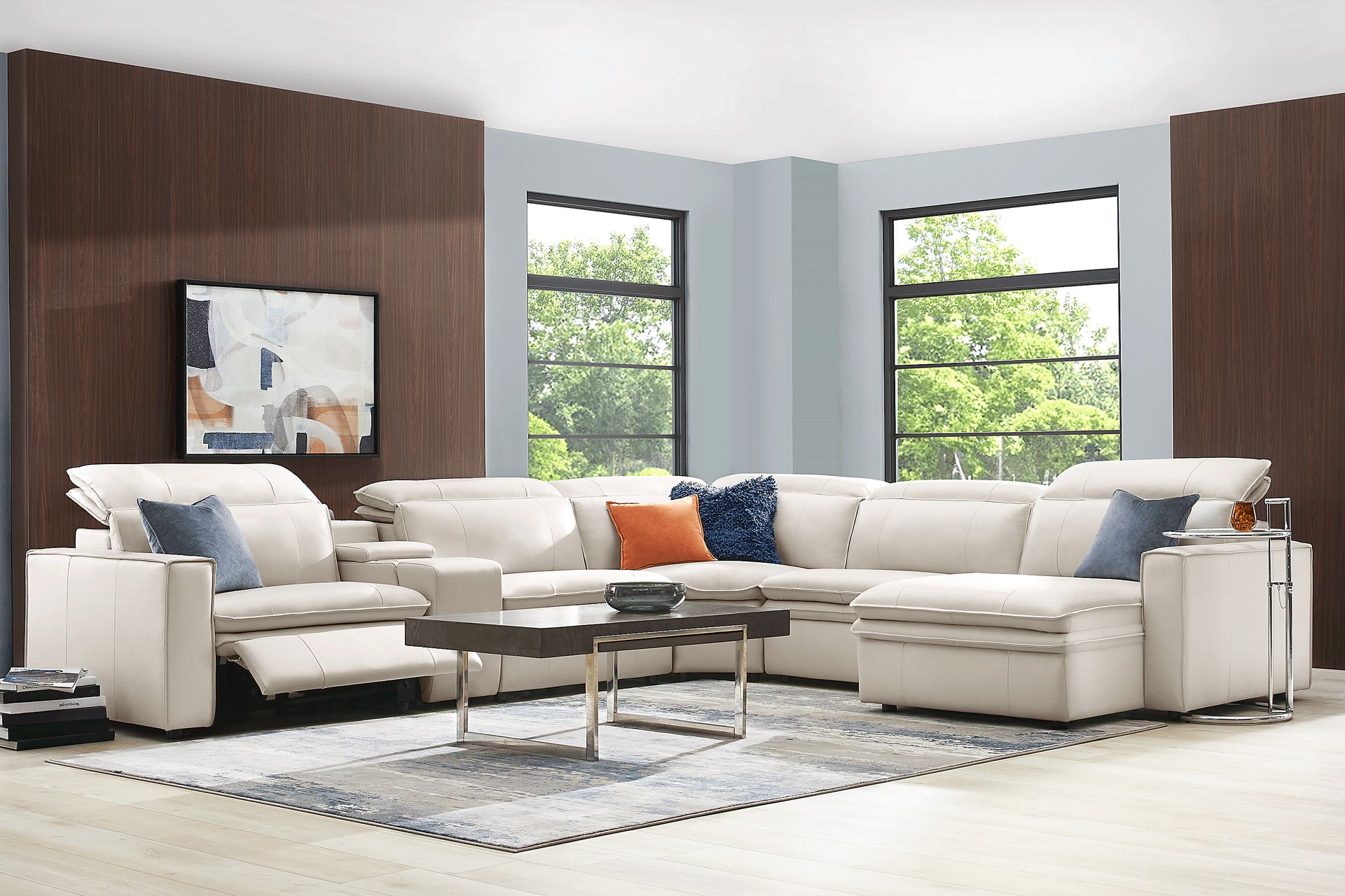 Santorini White Leather 9 Pc Dual Power Reclining Sectional Living Room - Image 1