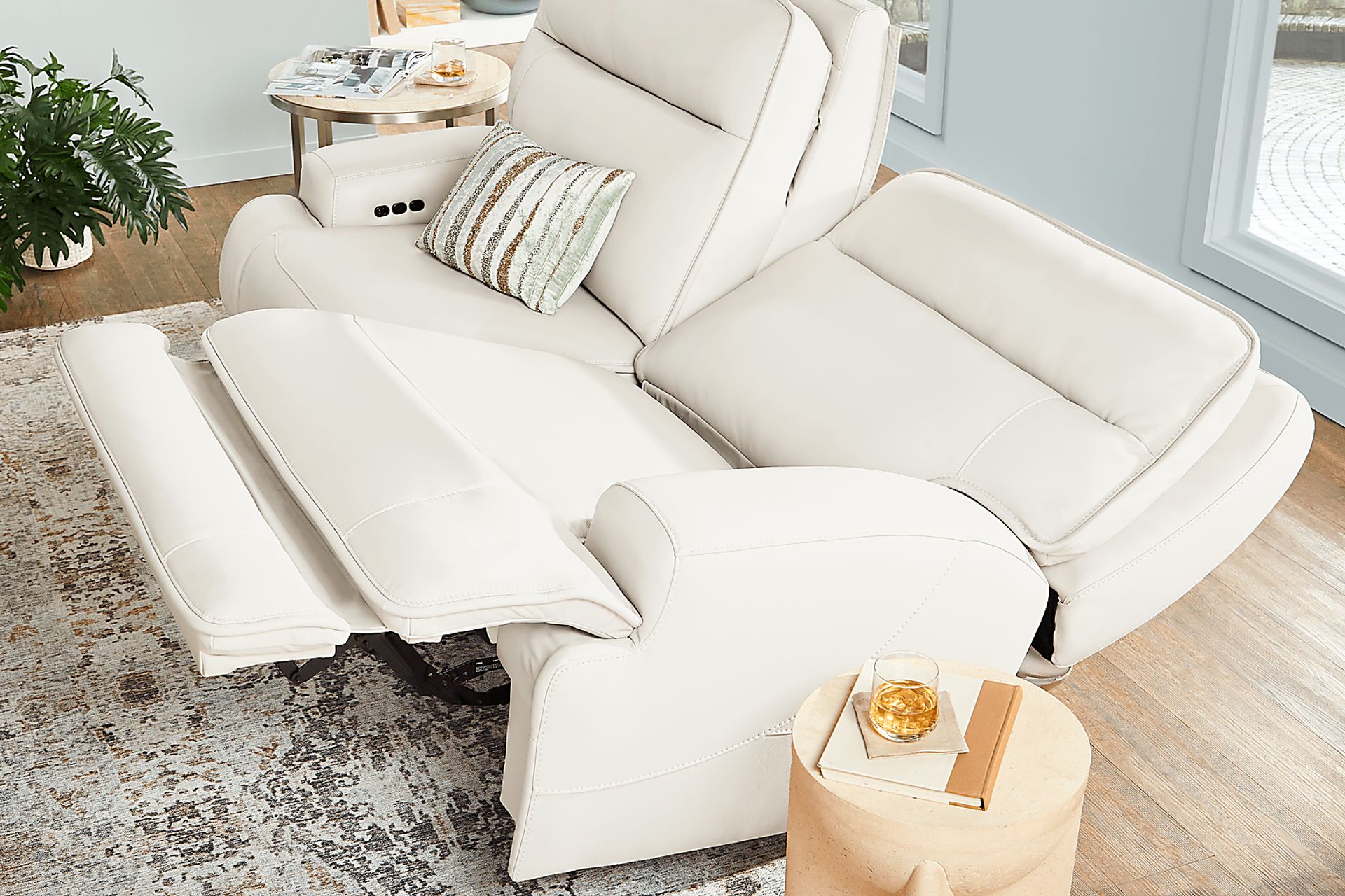Scarborough Beige Leather Dual Power Reclining Sofa - Image 3
