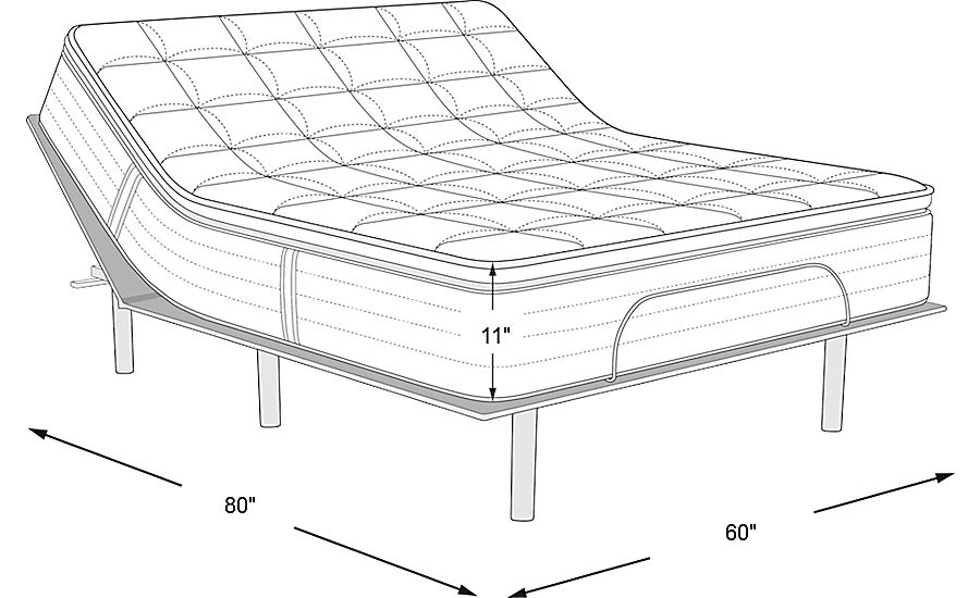 mattress: 80"l x 60"w x 11"h, adjustable base: 13"h