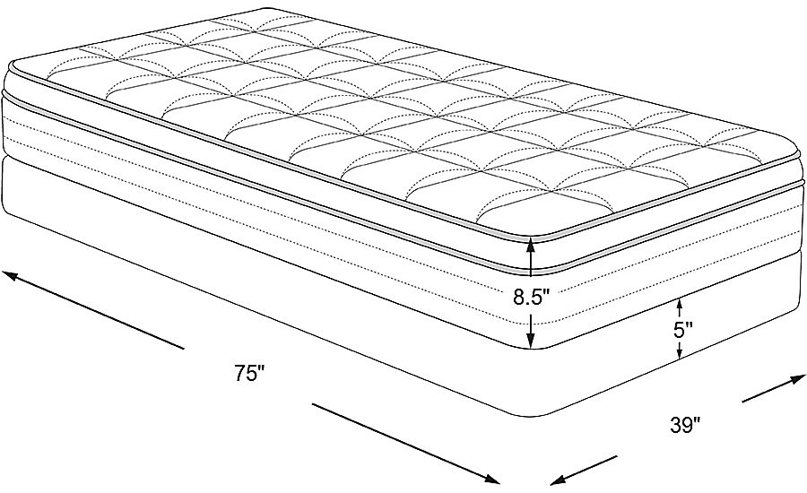 mattress: 75"l x 39"w x 8.5"h, foundation: 5"h