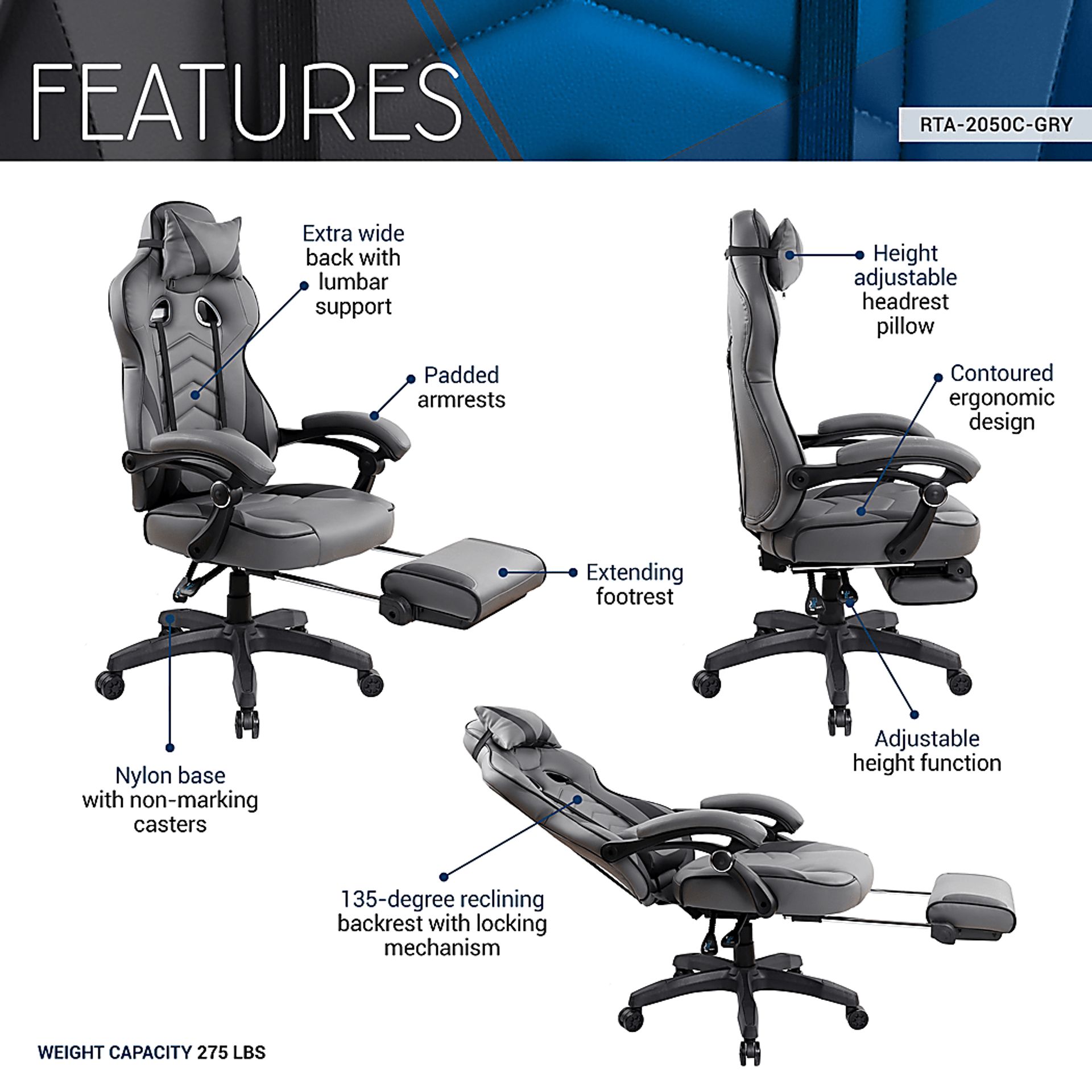 Seoce Gray/Black Gaming Chair - Image 3
