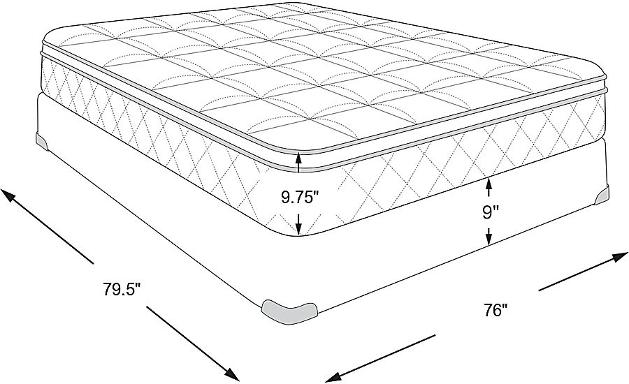 mattress: 79.5"l x 76"w x 9.75"h, foundation: 9"h