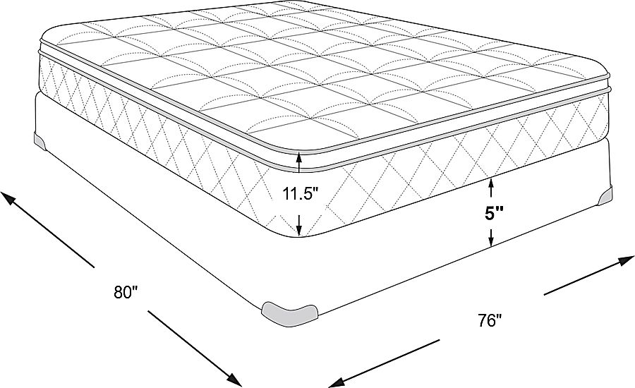 mattress: 80"l x 76"w x 11.5"h, foundation: 5"h