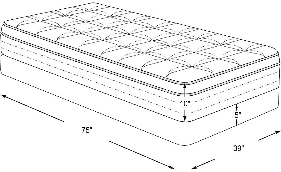 mattress: 75"l x 39"w x 10"h, foundation: 5.5"h