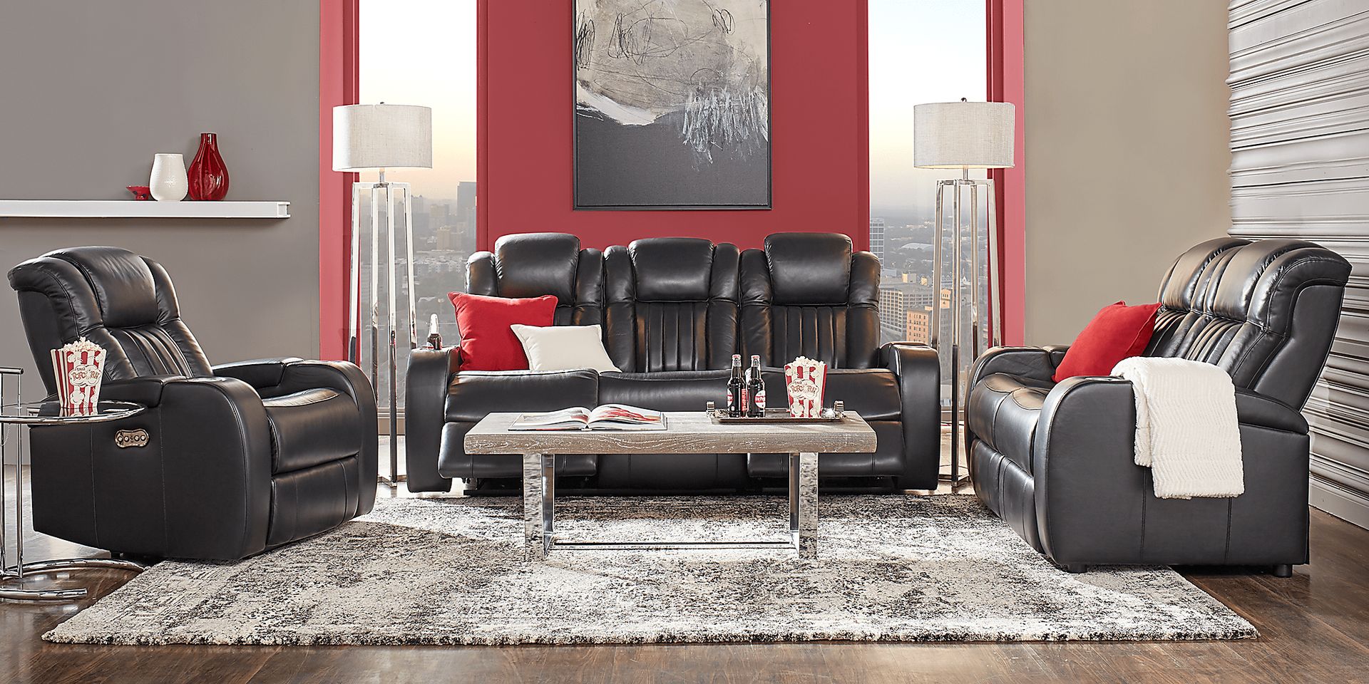 Servillo Black Leather 3 Pc Living Room with Dual Power Reclining Sofa - Image 1