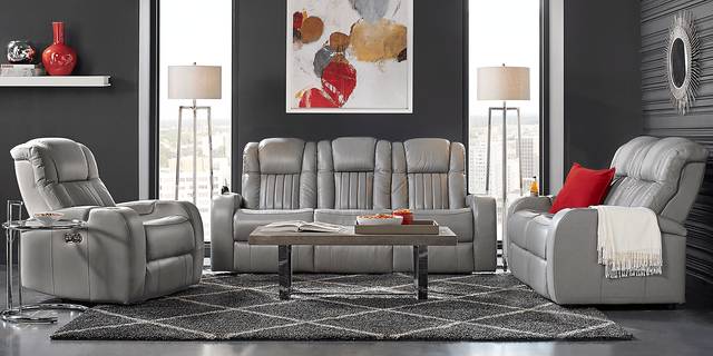 Servillo Platinum Leather 3 Pc Living Room with Dual Power Reclining Sofa - Thumbnail - Image 1