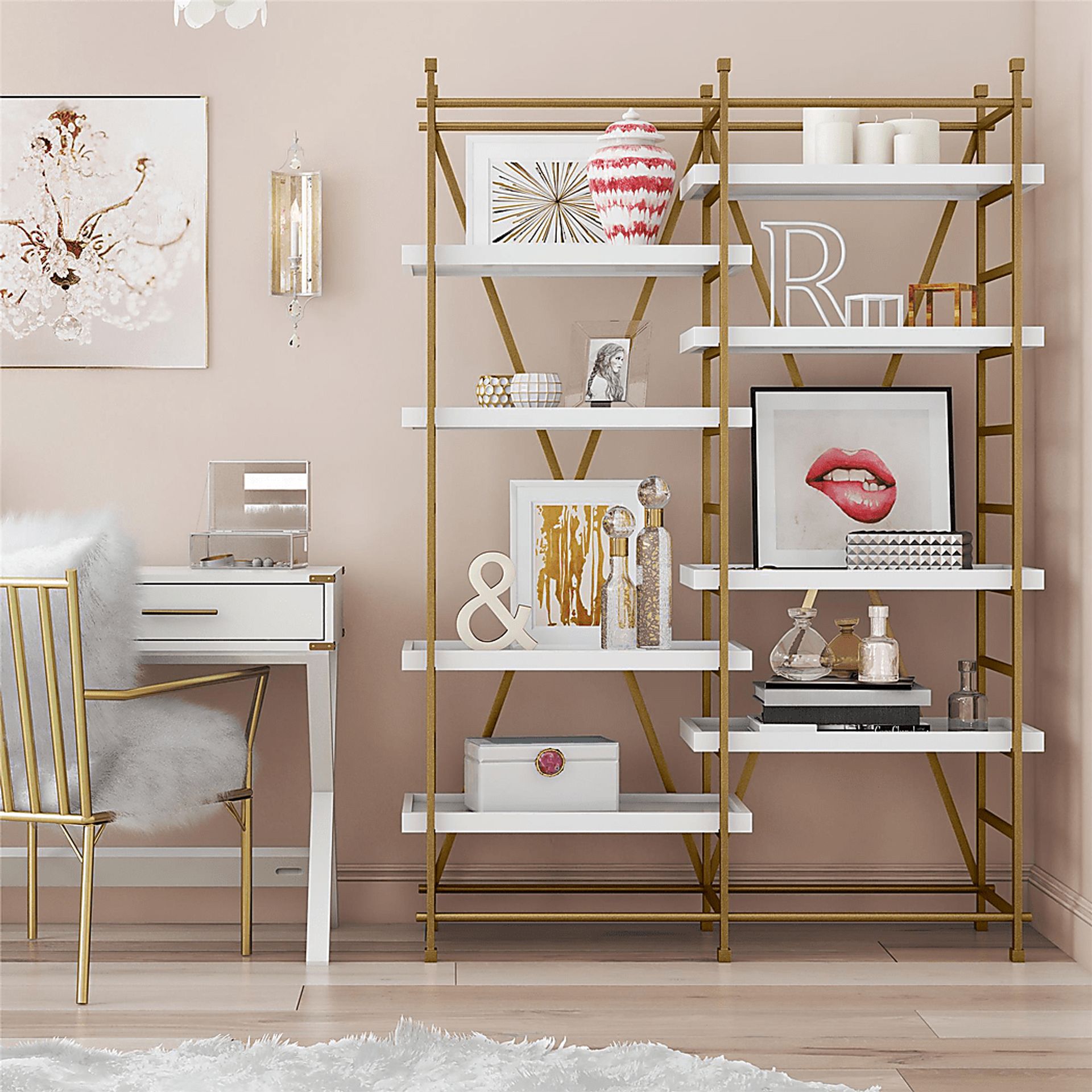 CosmoLiving Yves Metal Bookcase Etagere Gold and White - Image 7
