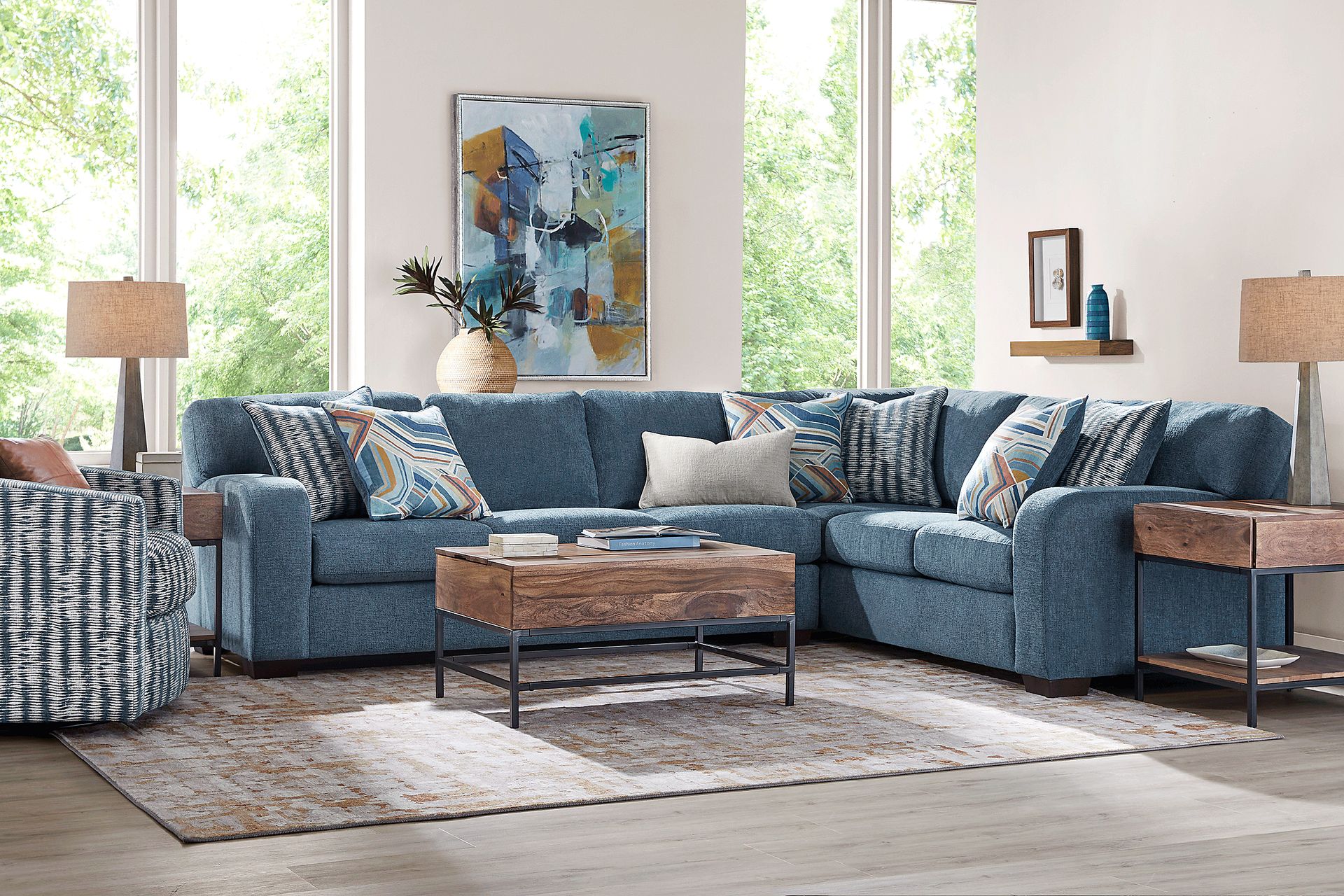 Sienna Way Blue Chenille 5 Pc Sectional Living Room - Image 1