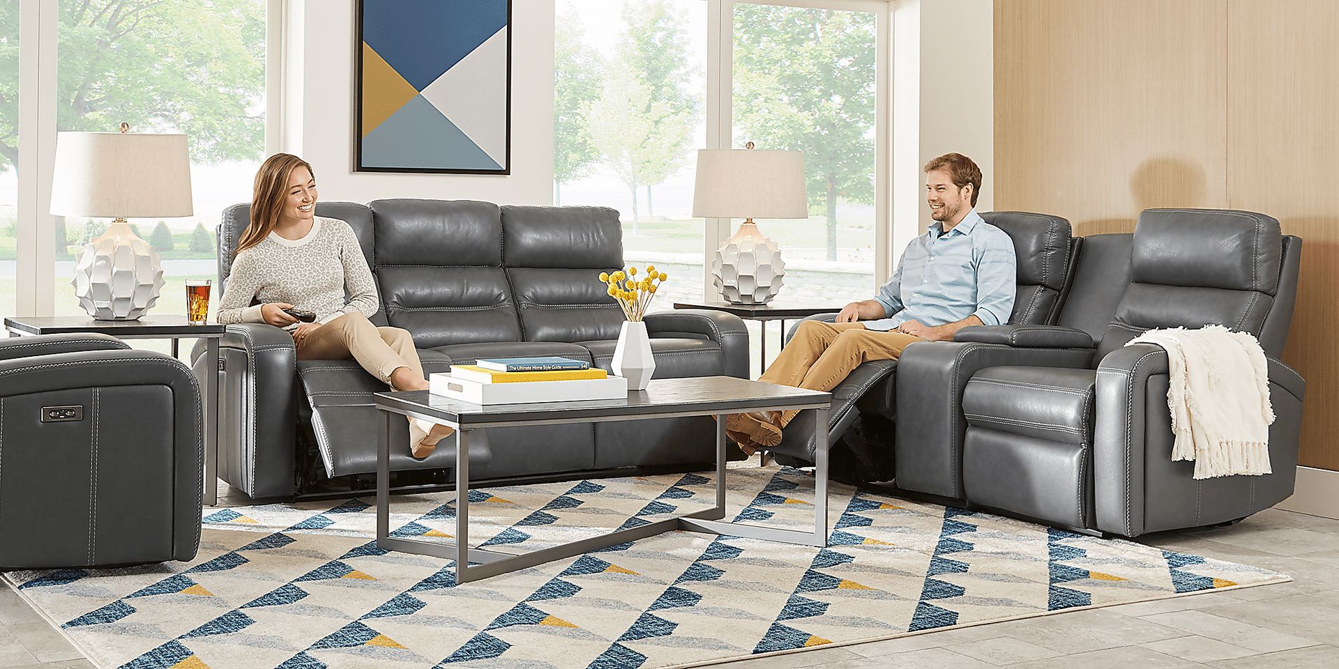 Sierra Madre Gray Leather 7 Pc Dual Power Reclining Living Room with Reclining Sofa - Image 2