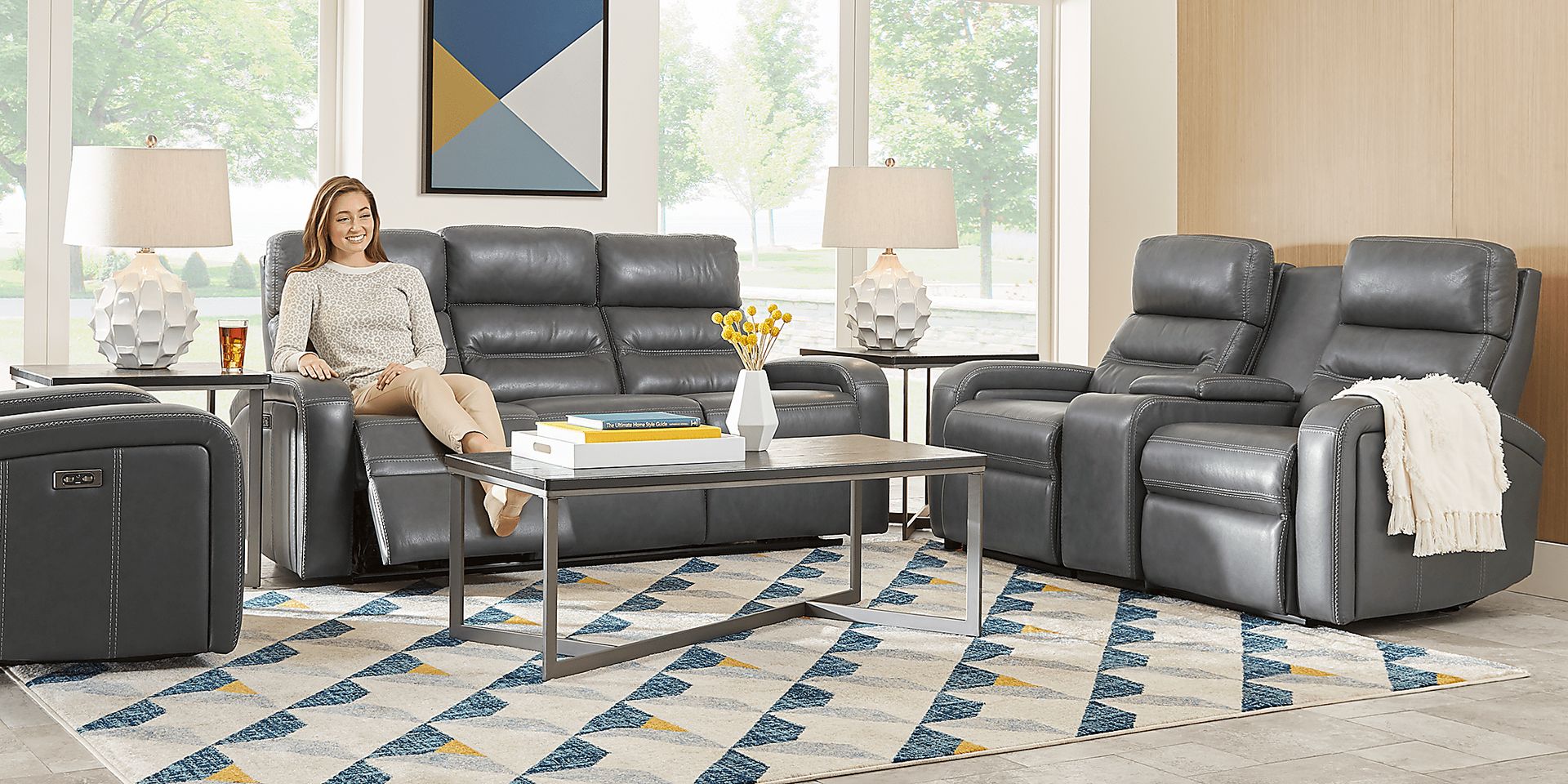 Sierra Madre Gray Leather 7 Pc Dual Power Reclining Living Room with Reclining Sofa - Image 3