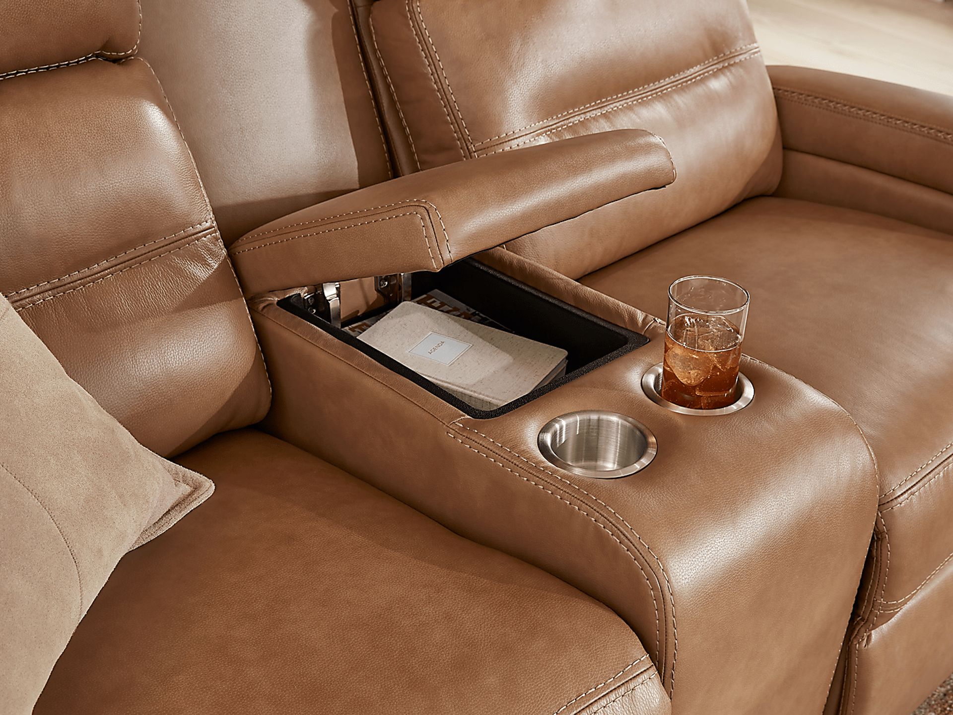 Sierra Madre Saddle Leather Dual Power Reclining Console Loveseat - Image 5