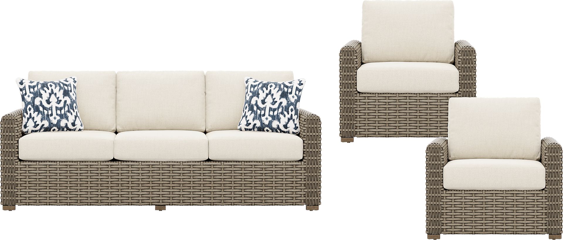 Siesta Key Driftwood 3 Pc Outdoor Seating Set with Desert Cushions - Image 1