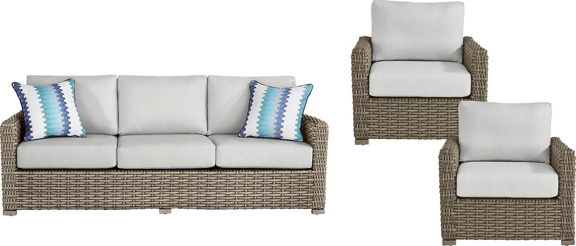 Siesta Key Driftwood 3 Pc Outdoor Seating Set with Dove Cushions - Image 1