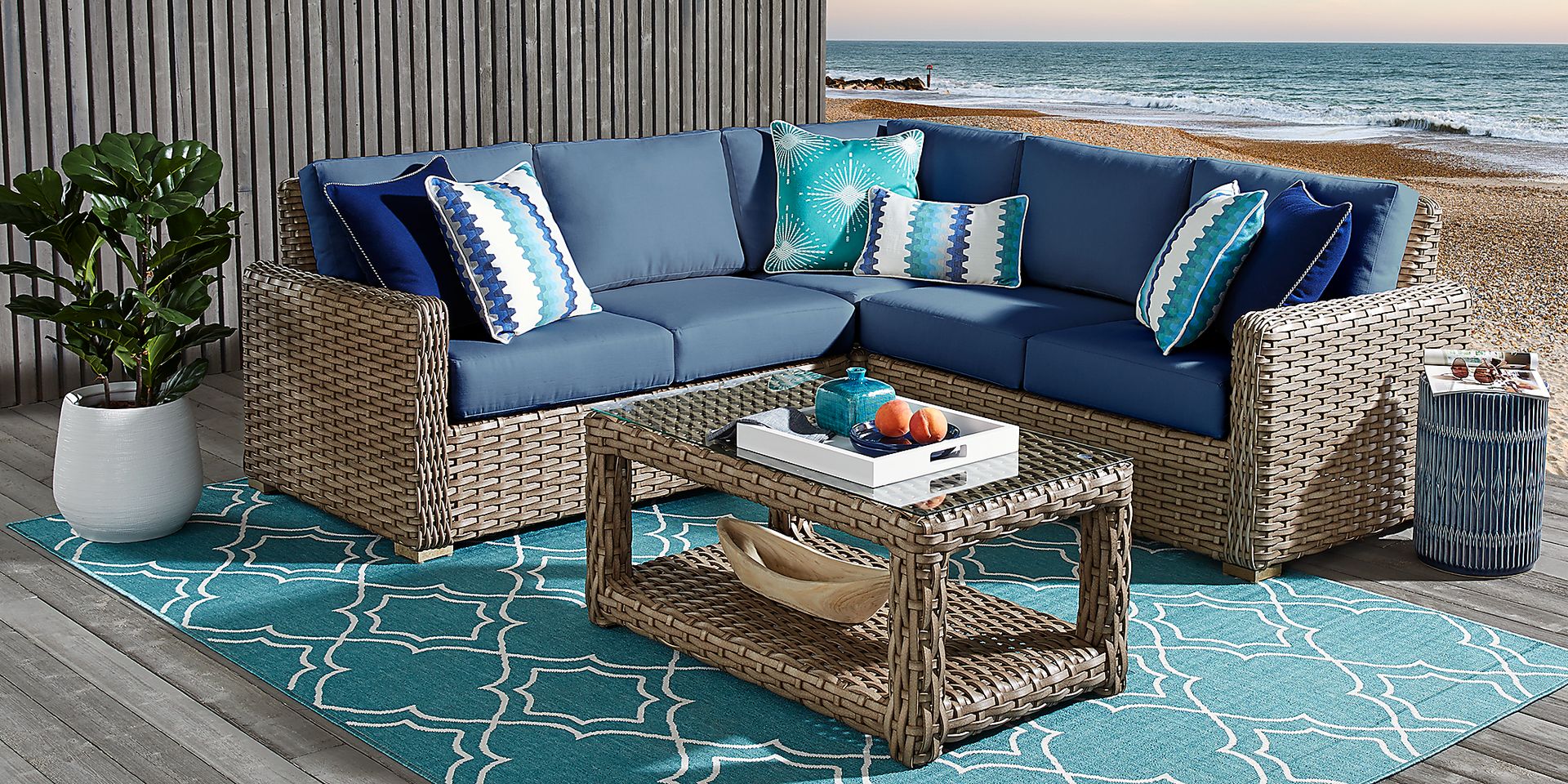 Siesta Key Driftwood 3 Pc Outdoor Sectional with Indigo Cushions - Image 2