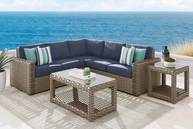 Siesta Key Driftwood 3 Pc Outdoor Sectional with Ink Cushions - Thumbnail - Image 2