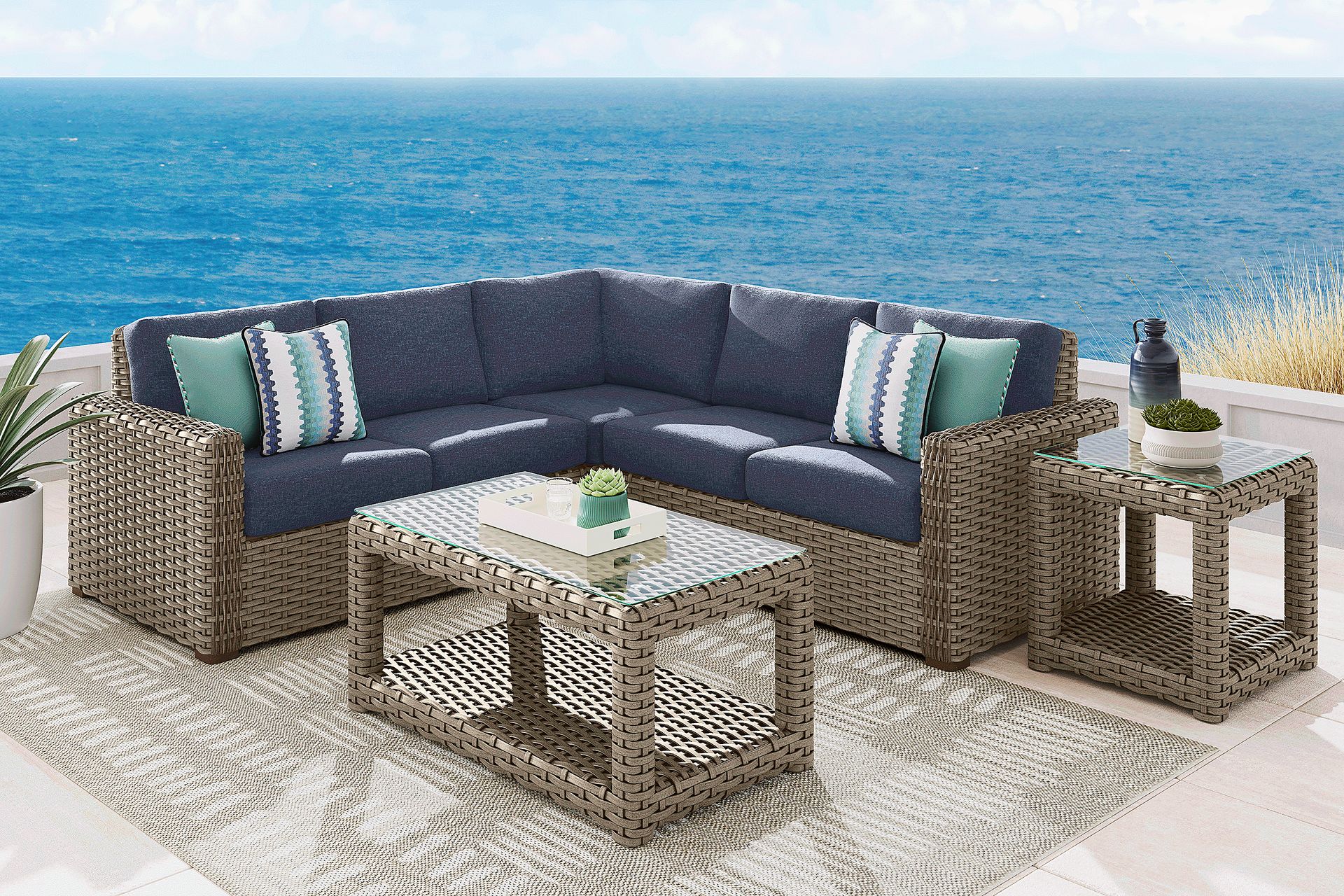 Siesta Key Driftwood 3 Pc Outdoor Sectional with Ink Cushions - Image 2